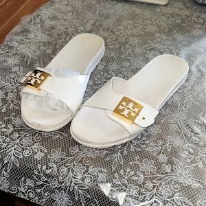 Tory Burch White Sandals with Gold Logo